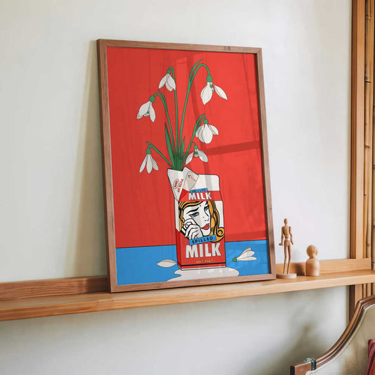 Snowdrops in Spilled Milk Carton Retro Illustration by Retrodrome