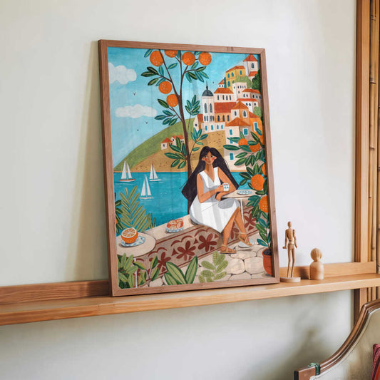 Travel poster woman in Mediterranean coast by Caroline Bonne Müller