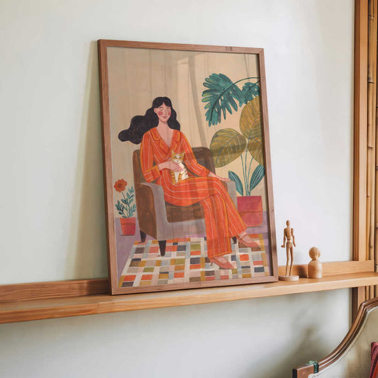 Woman with cat in living room with warm earth tones by Caroline Bonne Müller