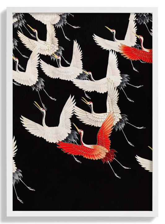 White Cranes and Red one flying Kimono