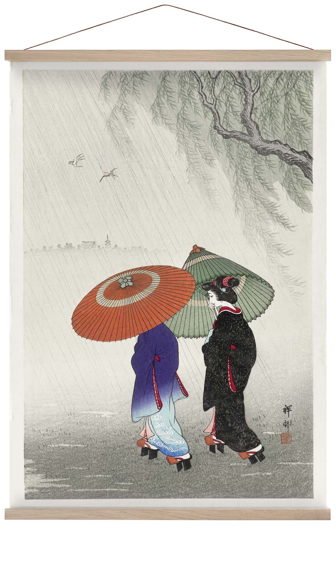 Two Women in the Rain by Ohara Koson