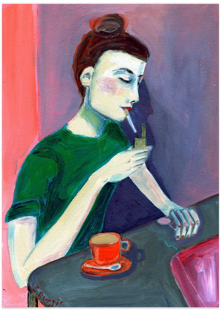Lady lighting cigarette by Sharyn Bursic