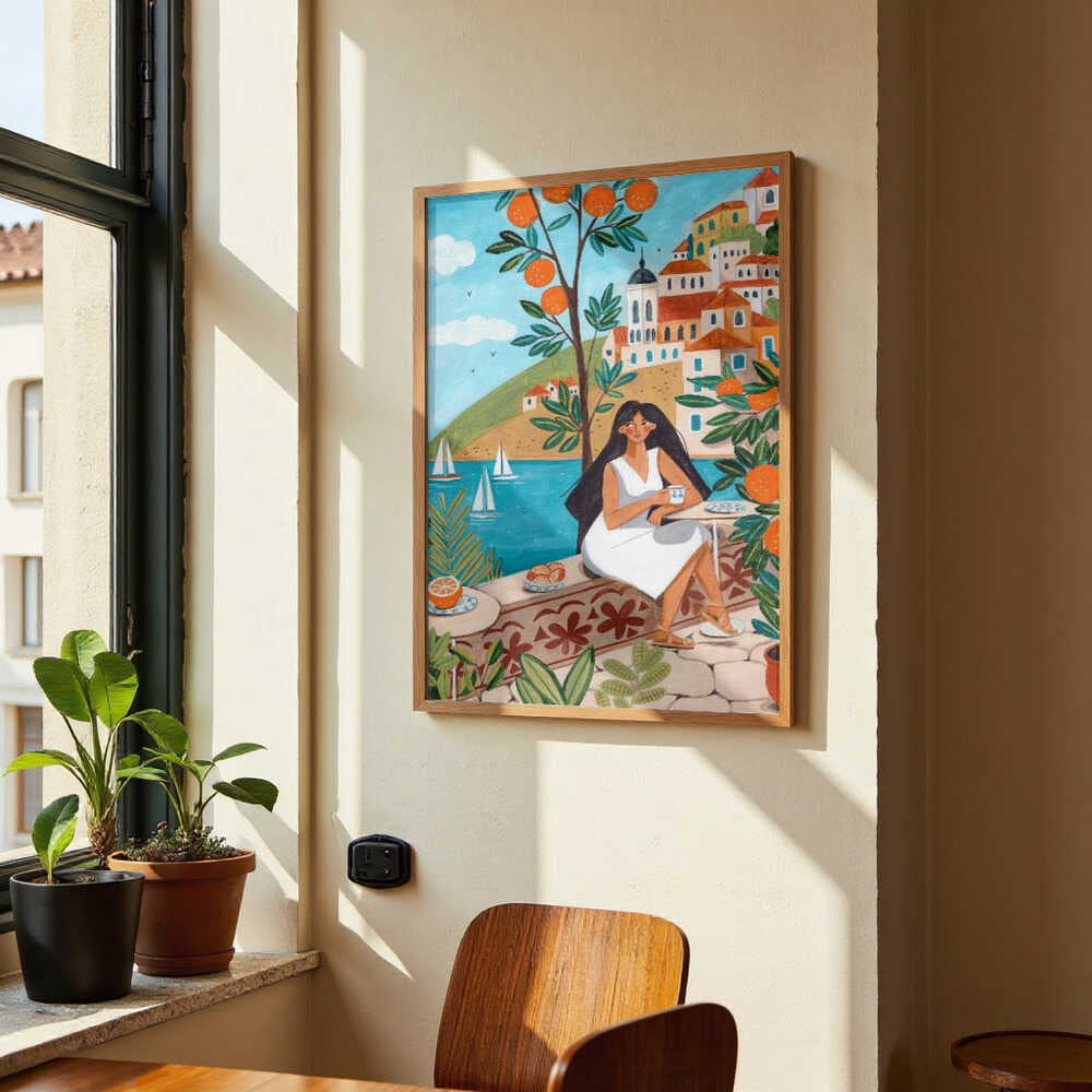 Travel poster woman in Mediterranean coast by Caroline Bonne Müller