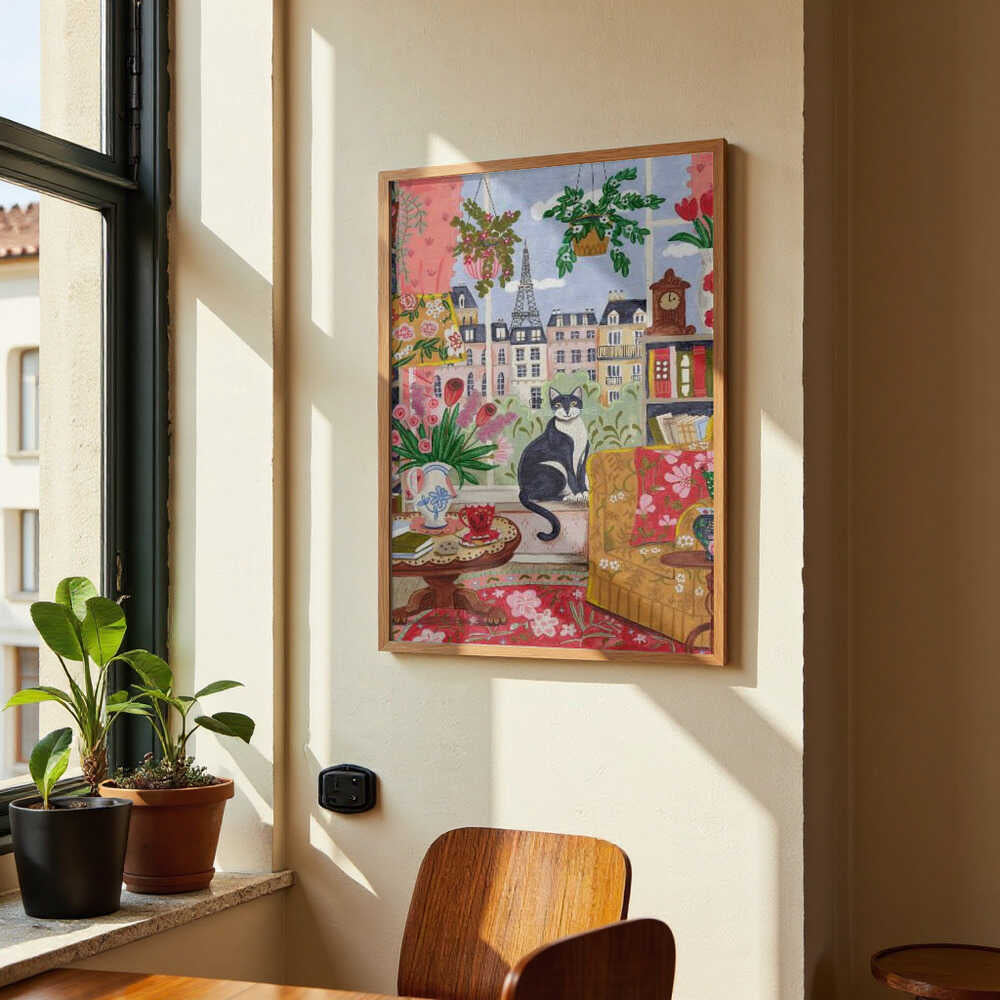 Cat in front of window in Paris bright colours by Caroline Bonne Müller