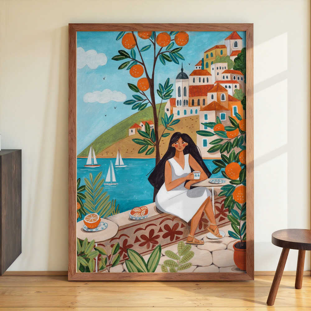 Travel poster woman in Mediterranean coast by Caroline Bonne Müller
