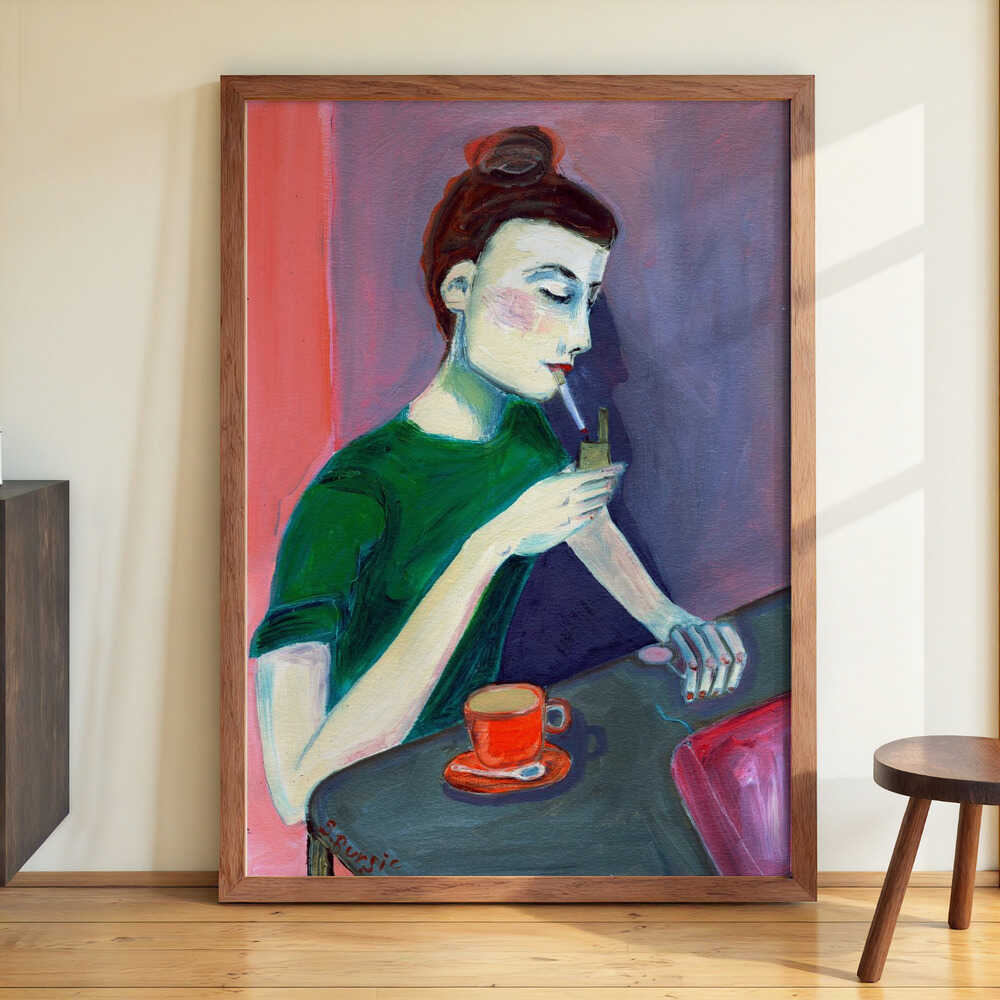 Lady lighting cigarette by Sharyn Bursic
