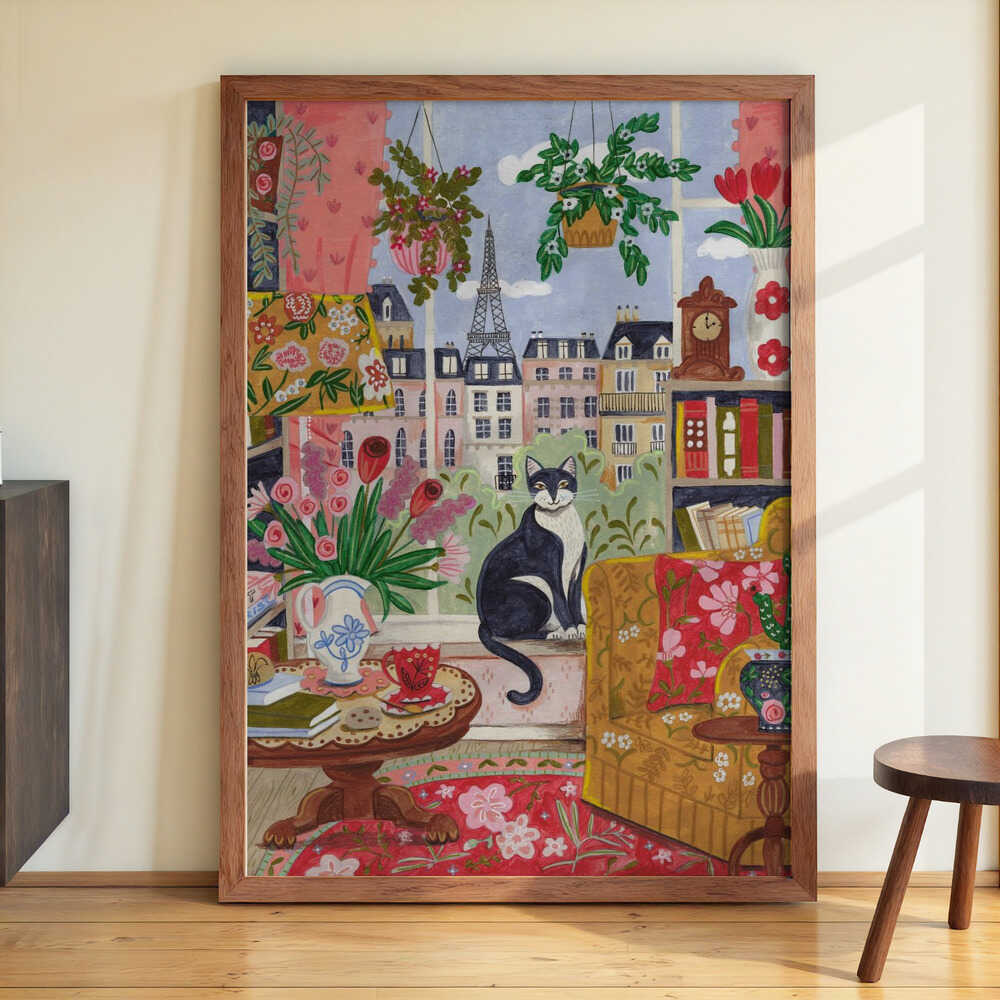 Cat in front of window in Paris bright colours by Caroline Bonne Müller