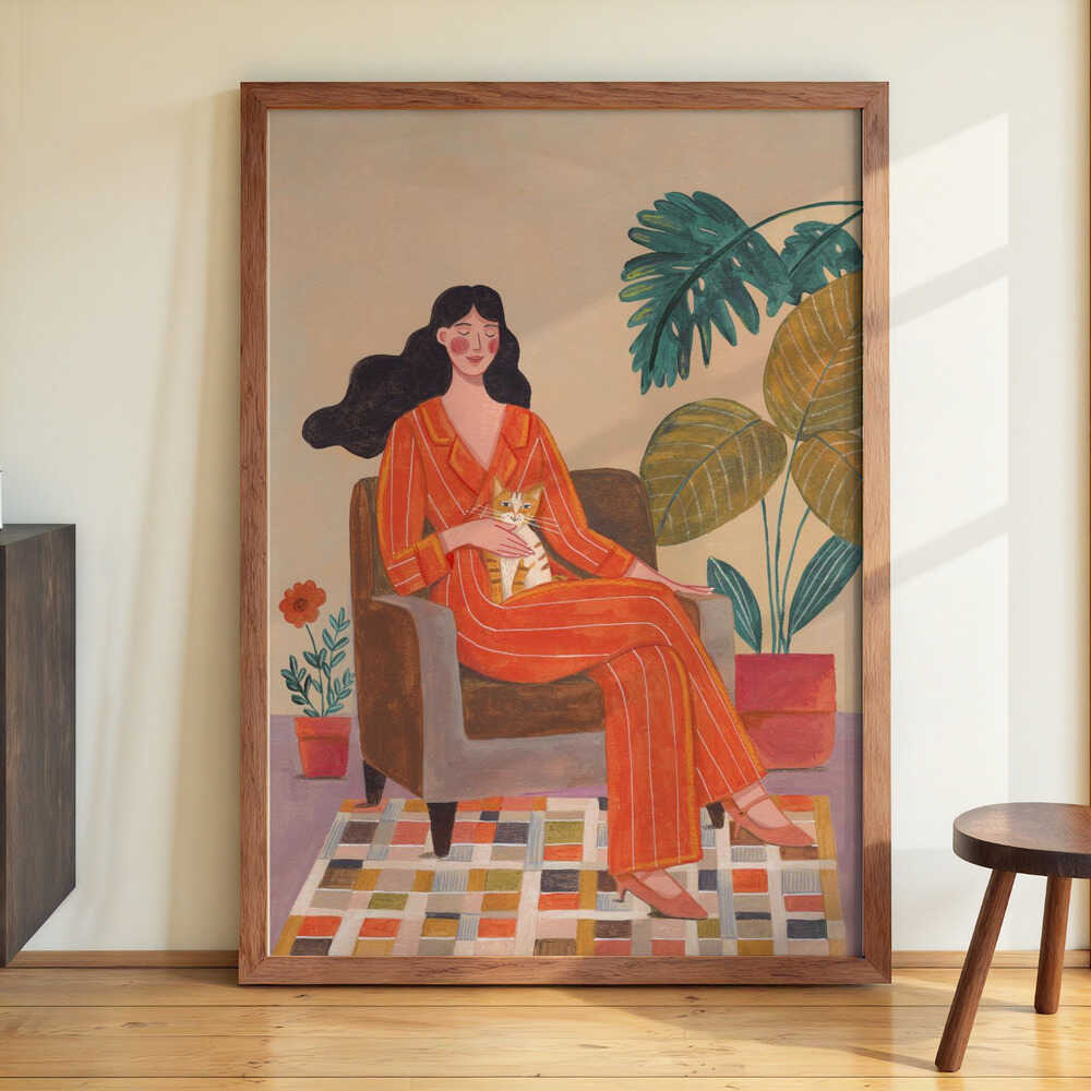 Woman with cat in living room with warm earth tones by Caroline Bonne Müller