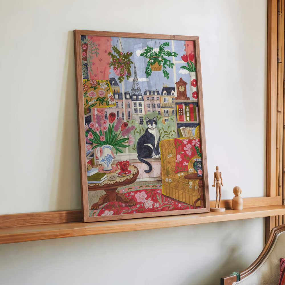 Cat in front of window in Paris bright colours by Caroline Bonne Müller