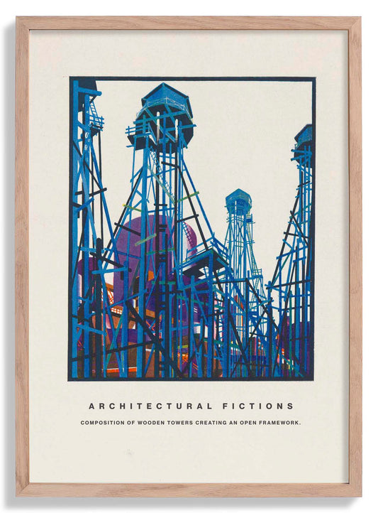 Composition of wooden towers creating an open framework by Yakov Chernikhov