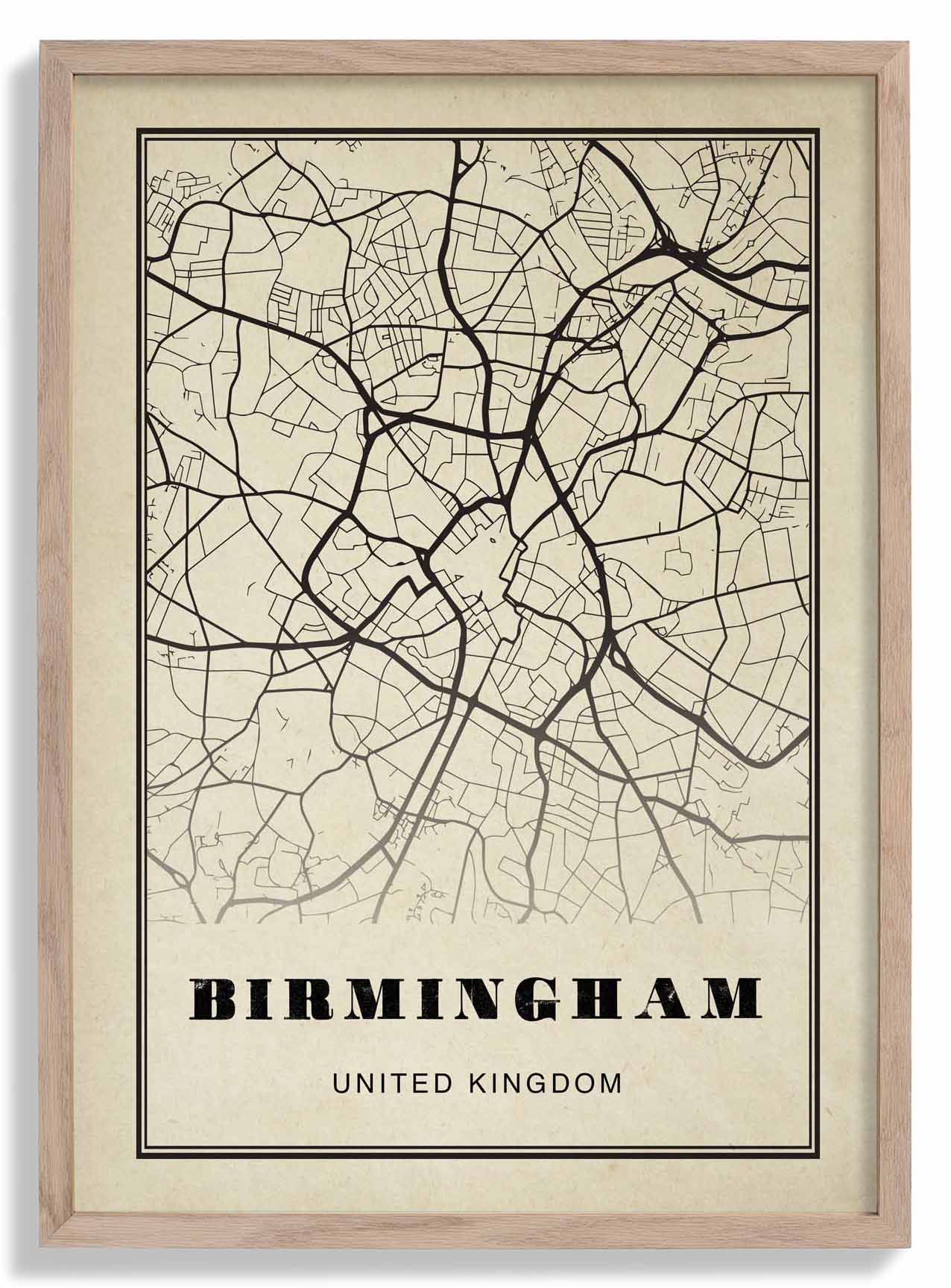 Birmingham City Map Sepia Poster