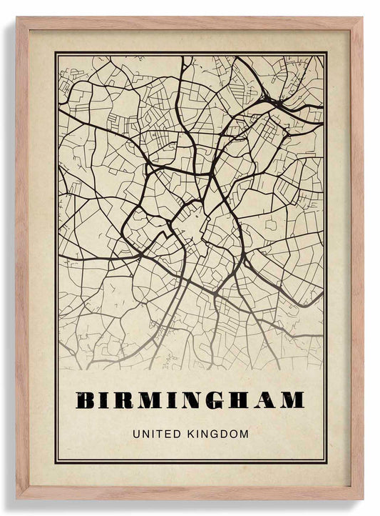 Birmingham City Map Sepia Poster