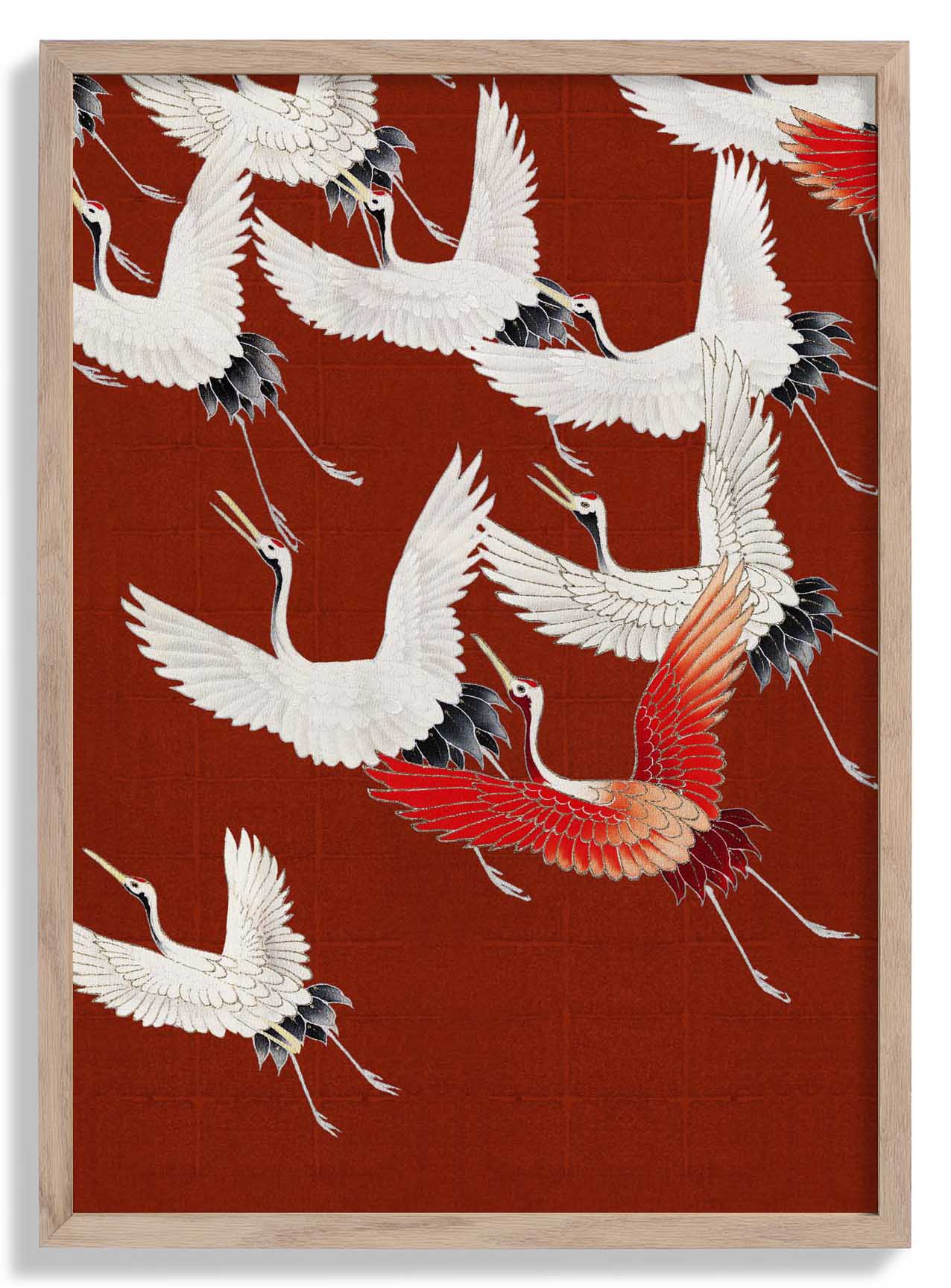 White Cranes in Red Japanese Art Poster