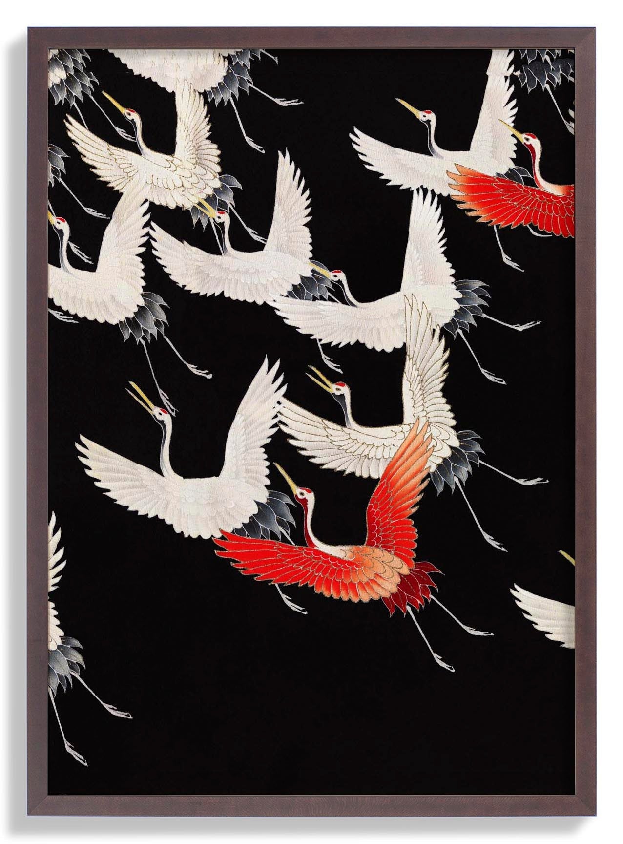 White Cranes and Red one flying Kimono