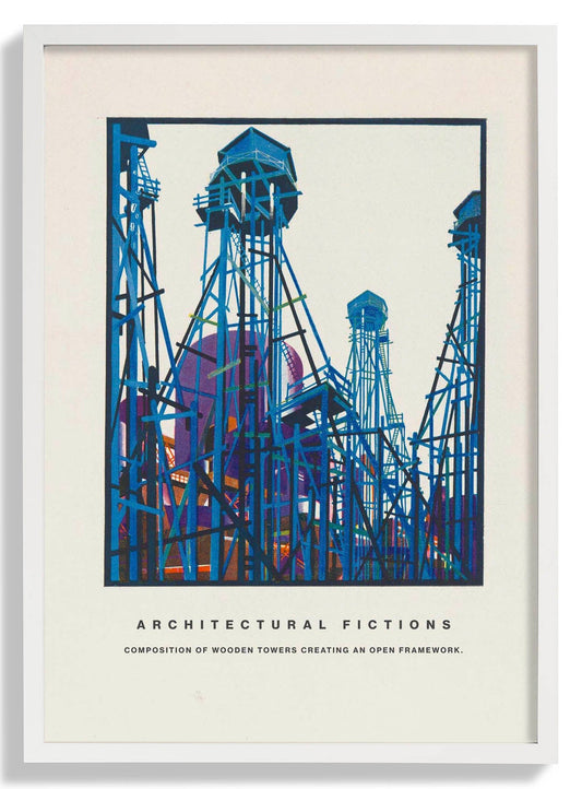 Composition of wooden towers creating an open framework by Yakov Chernikhov