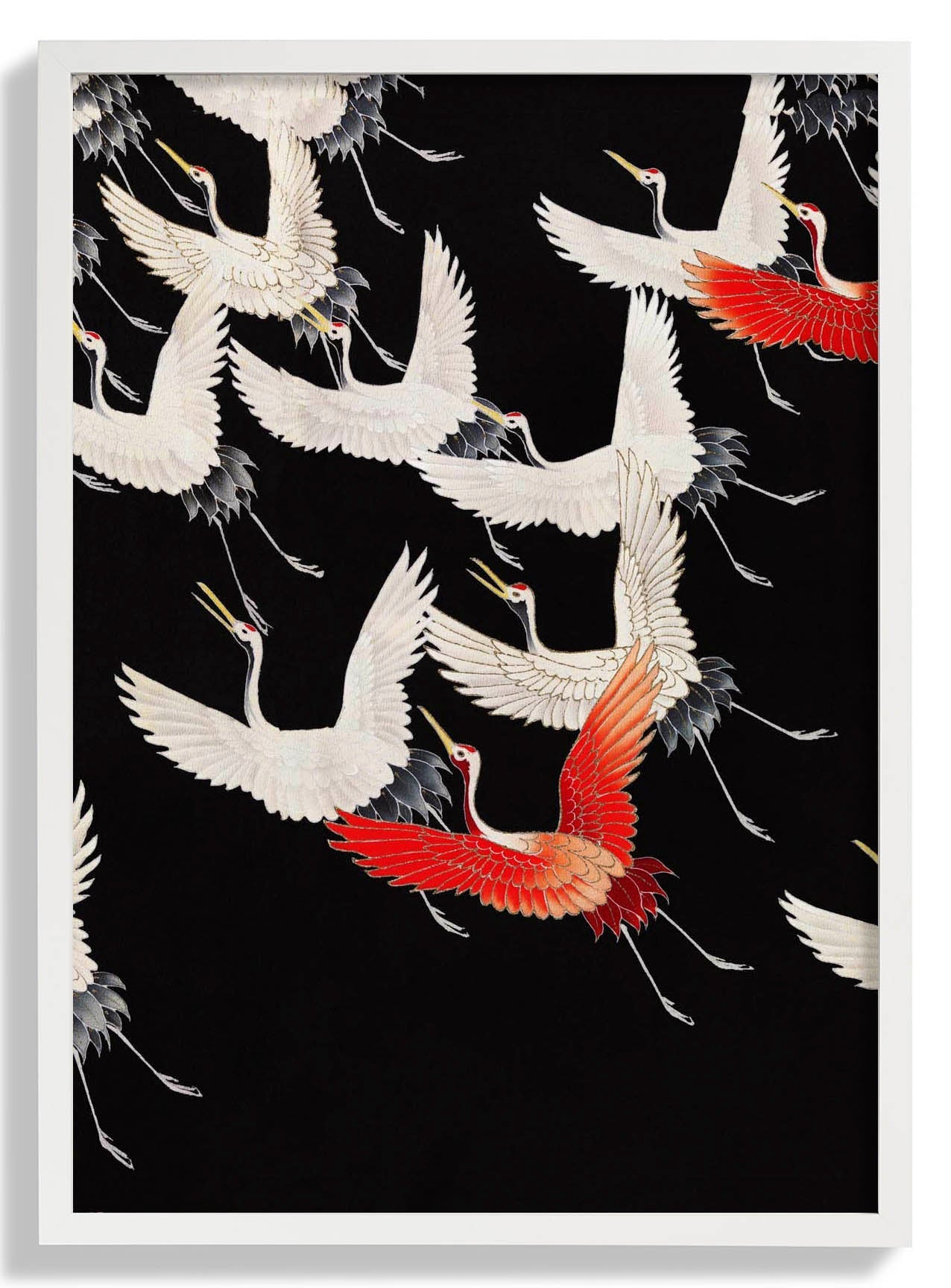 White Cranes and Red one flying Kimono