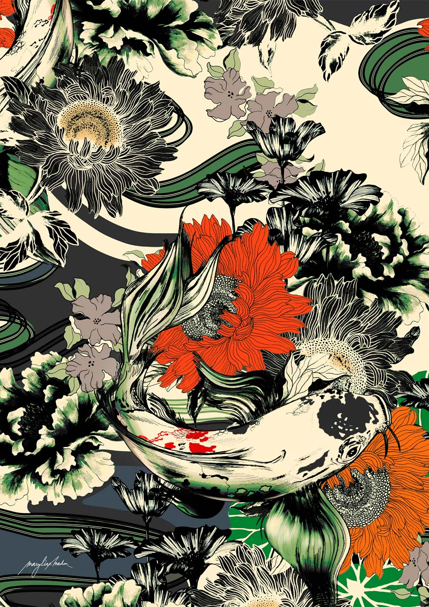 Koi Pond Japan Kimono by Marylène Madou