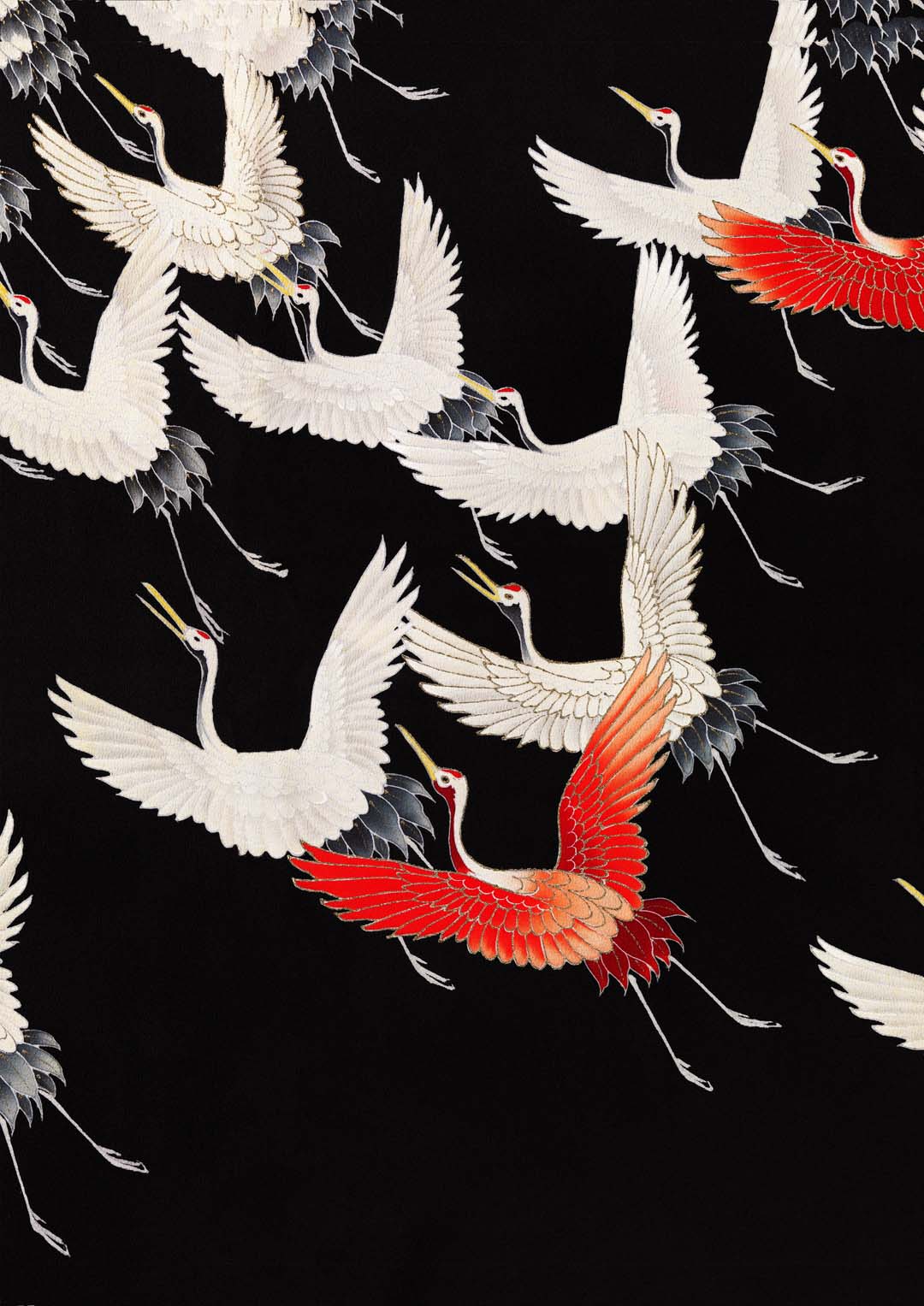 White Cranes and Red one flying Kimono
