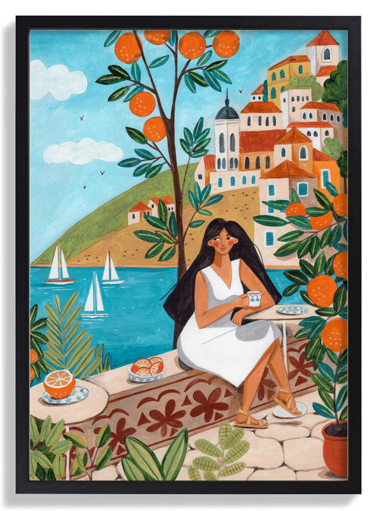Travel poster woman in Mediterranean coast by Caroline Bonne Müller