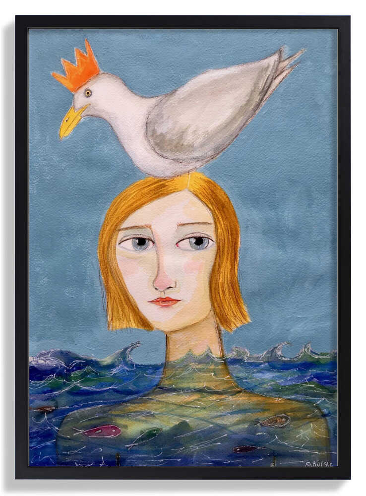 Lady swimmer with seagull by Sharyn Bursic
