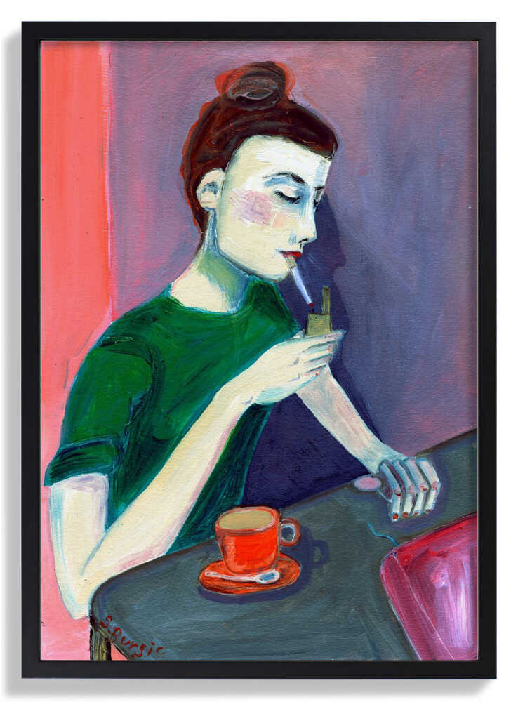 Lady lighting cigarette by Sharyn Bursic
