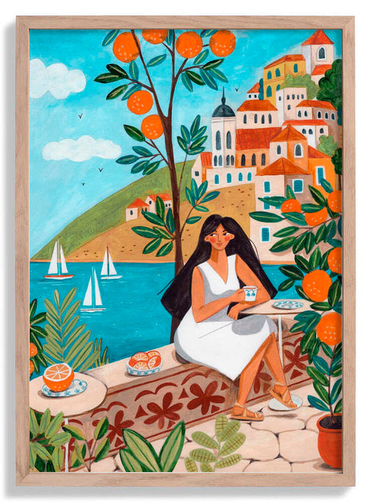 Travel poster woman in Mediterranean coast by Caroline Bonne Müller