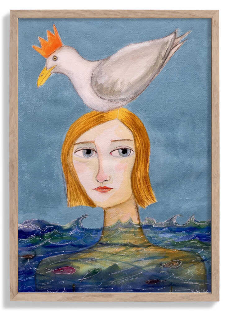 Lady swimmer with seagull by Sharyn Bursic