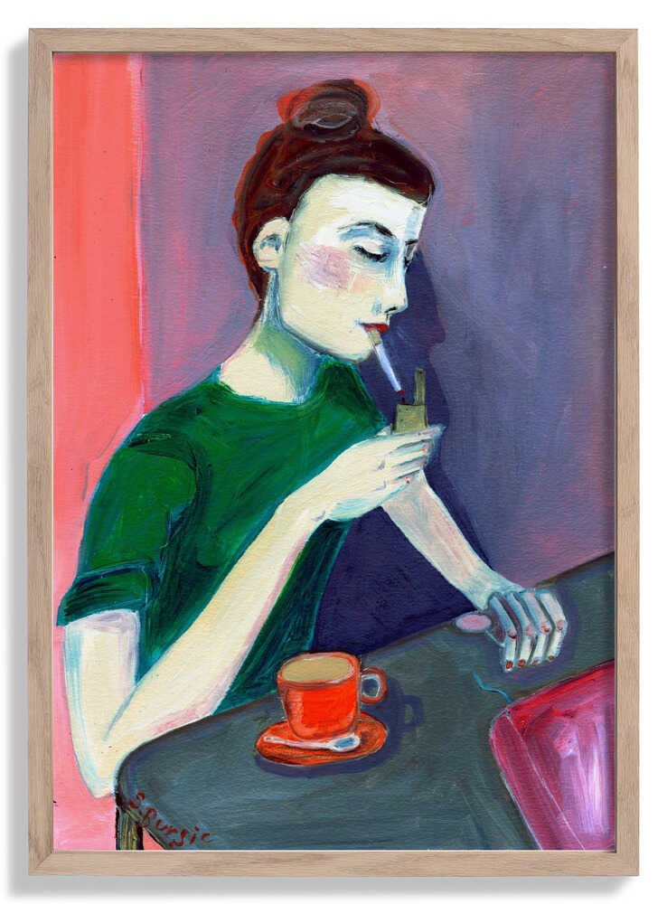 Lady lighting cigarette by Sharyn Bursic