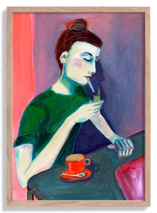 Lady lighting cigarette by Sharyn Bursic