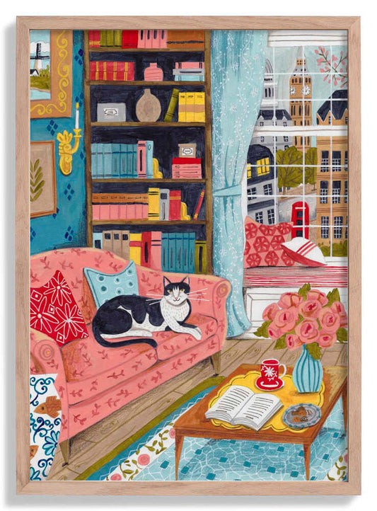 Cat on sofa in London pastel colours by Caroline Bonne Müller