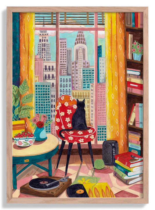 Cat in front of window in New York bright colours by Caroline Bonne Müller