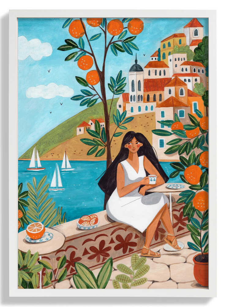 Travel poster woman in Mediterranean coast by Caroline Bonne Müller