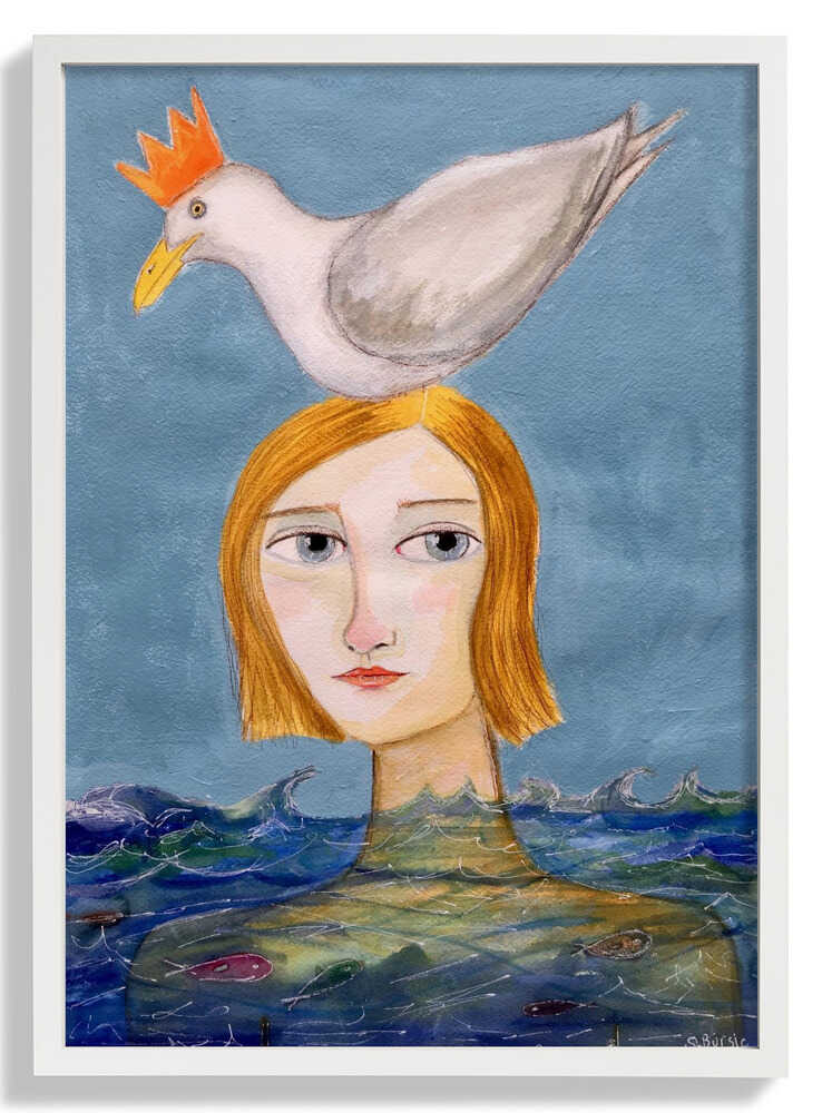Lady swimmer with seagull by Sharyn Bursic