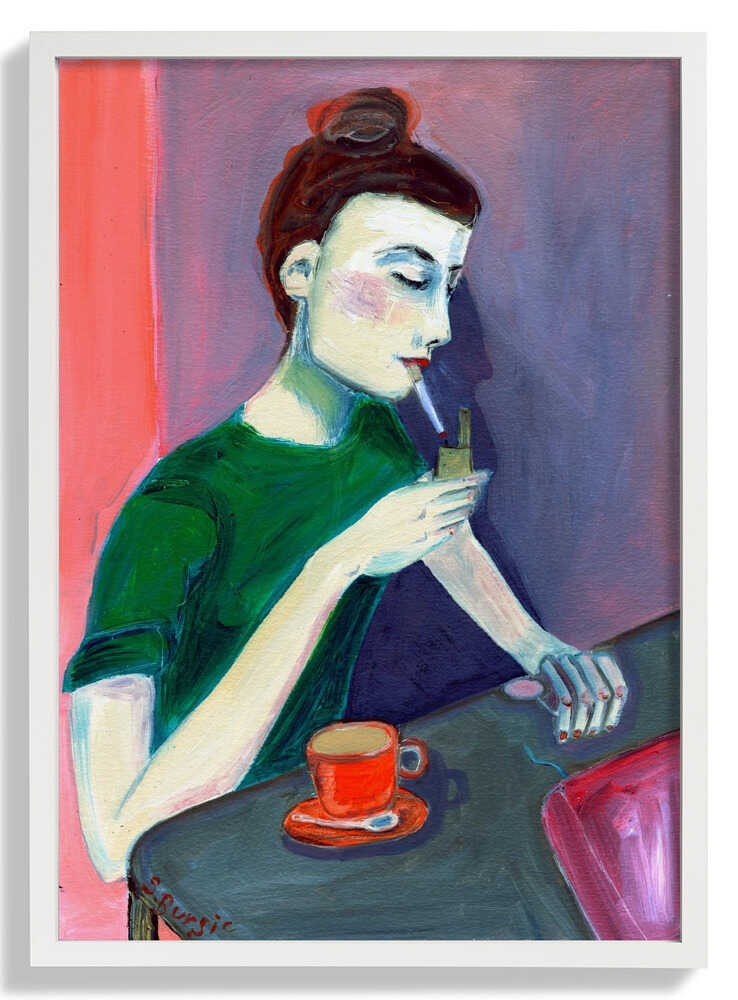 Lady lighting cigarette by Sharyn Bursic