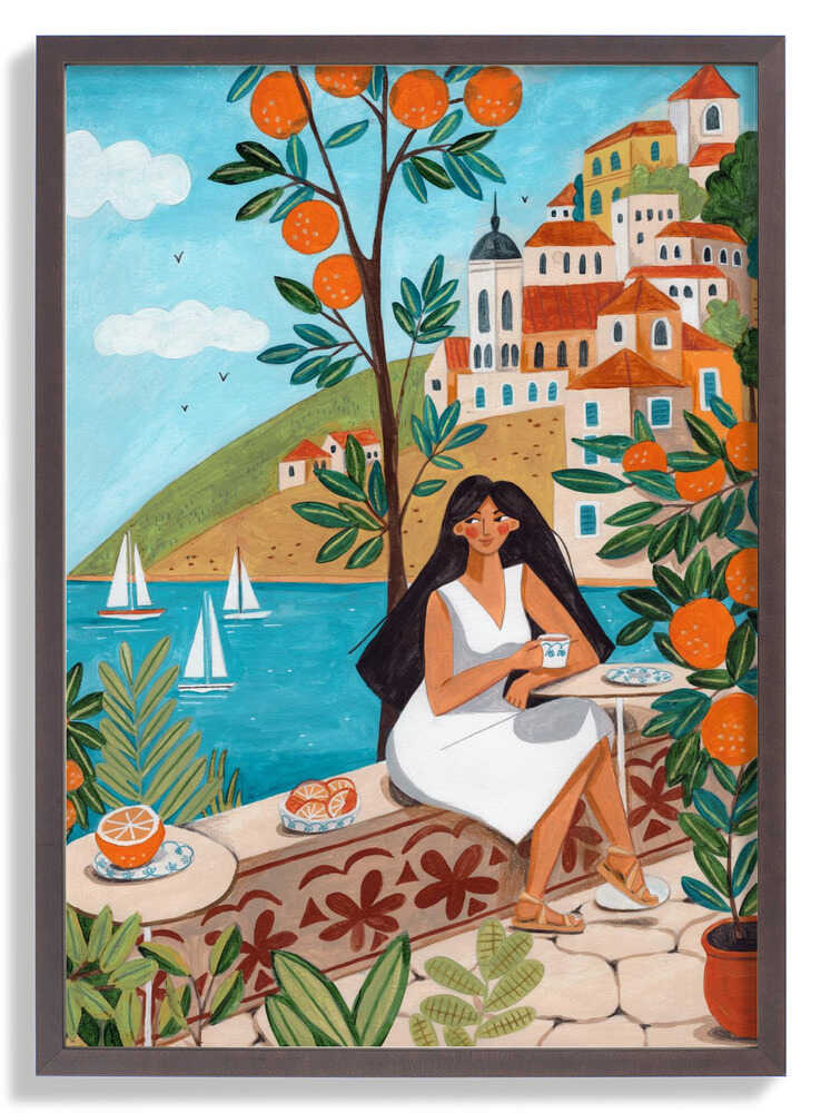 Travel poster woman in Mediterranean coast by Caroline Bonne Müller