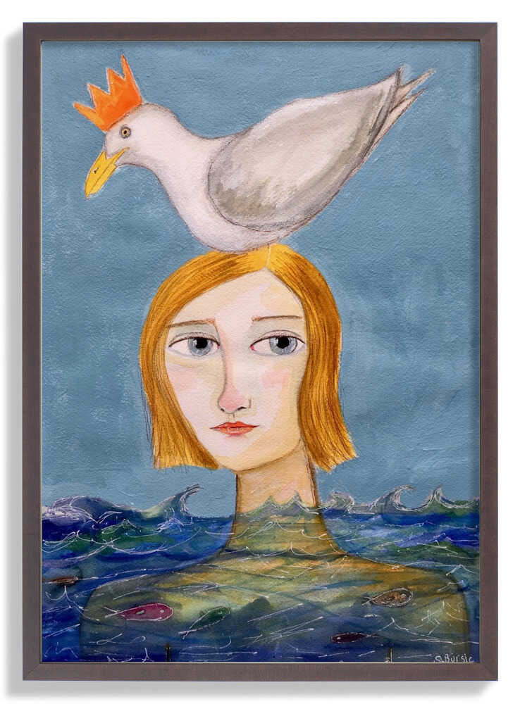 Lady swimmer with seagull by Sharyn Bursic