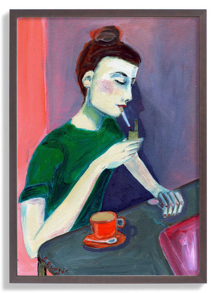 Lady lighting cigarette by Sharyn Bursic