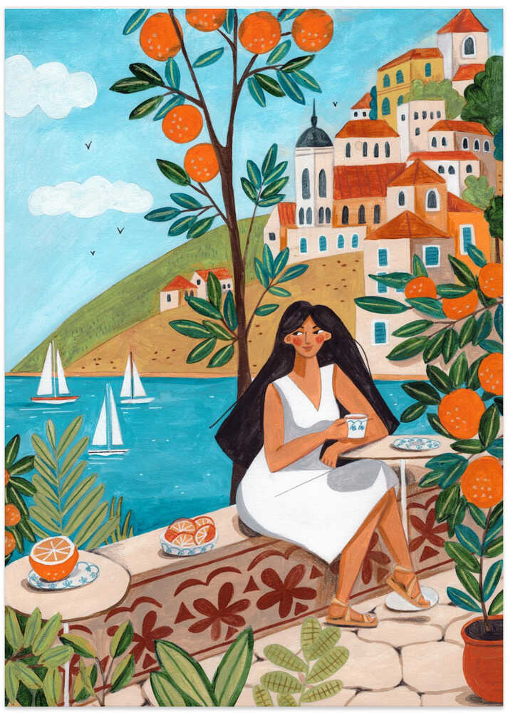 Travel poster woman in Mediterranean coast by Caroline Bonne Müller