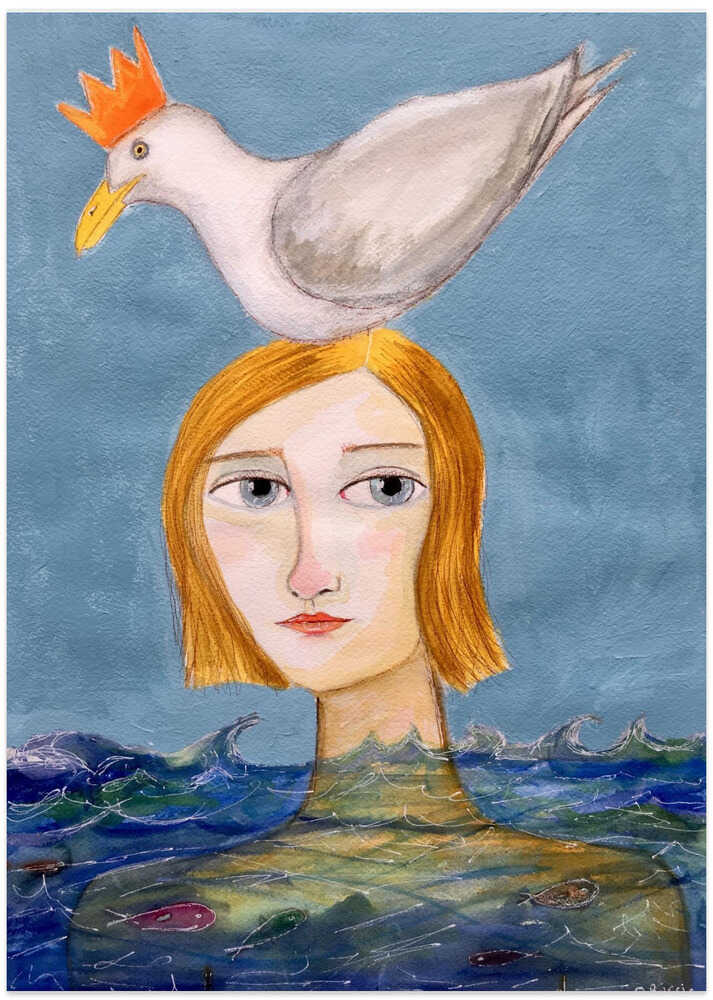 Lady swimmer with seagull by Sharyn Bursic