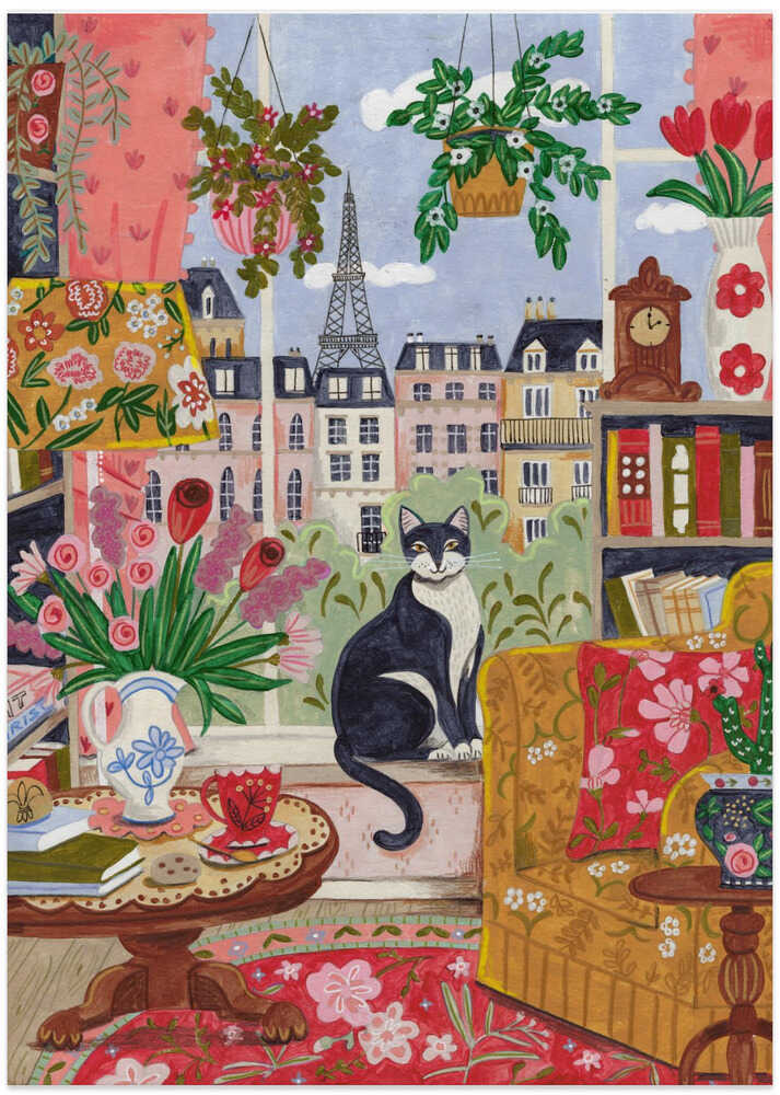 Cat in front of window in Paris bright colours by Caroline Bonne Müller