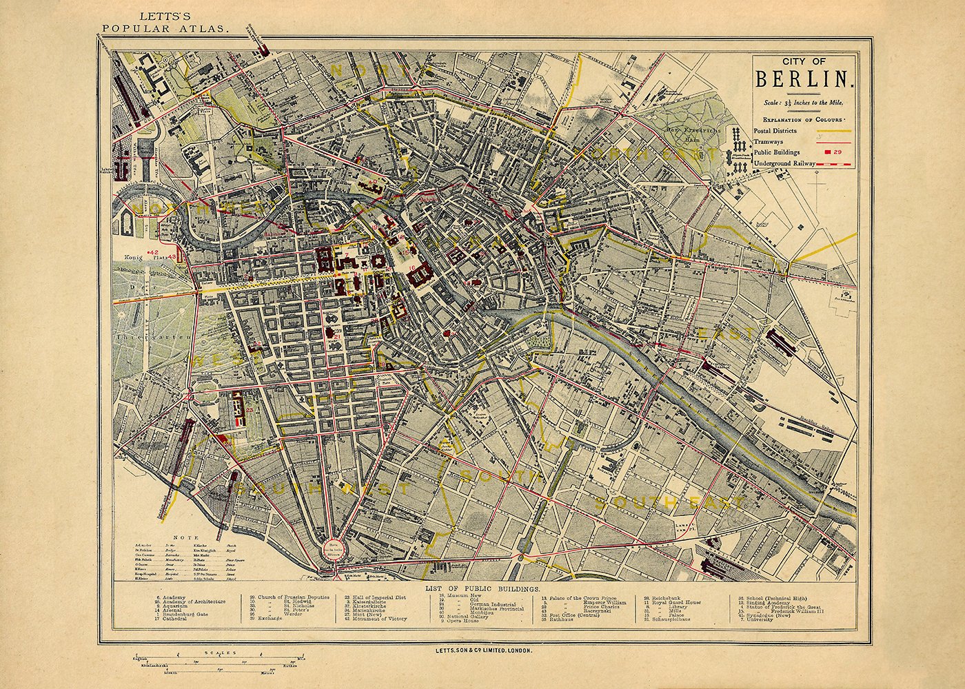 1883 City of Berlin Letts Popular Atlas Poster