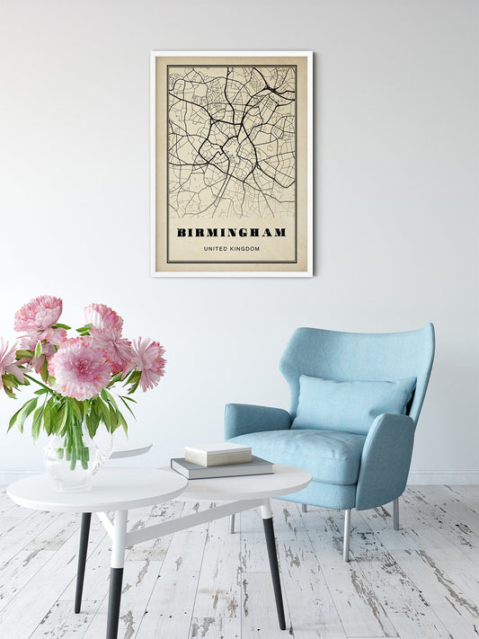 Birmingham City Map Sepia Poster