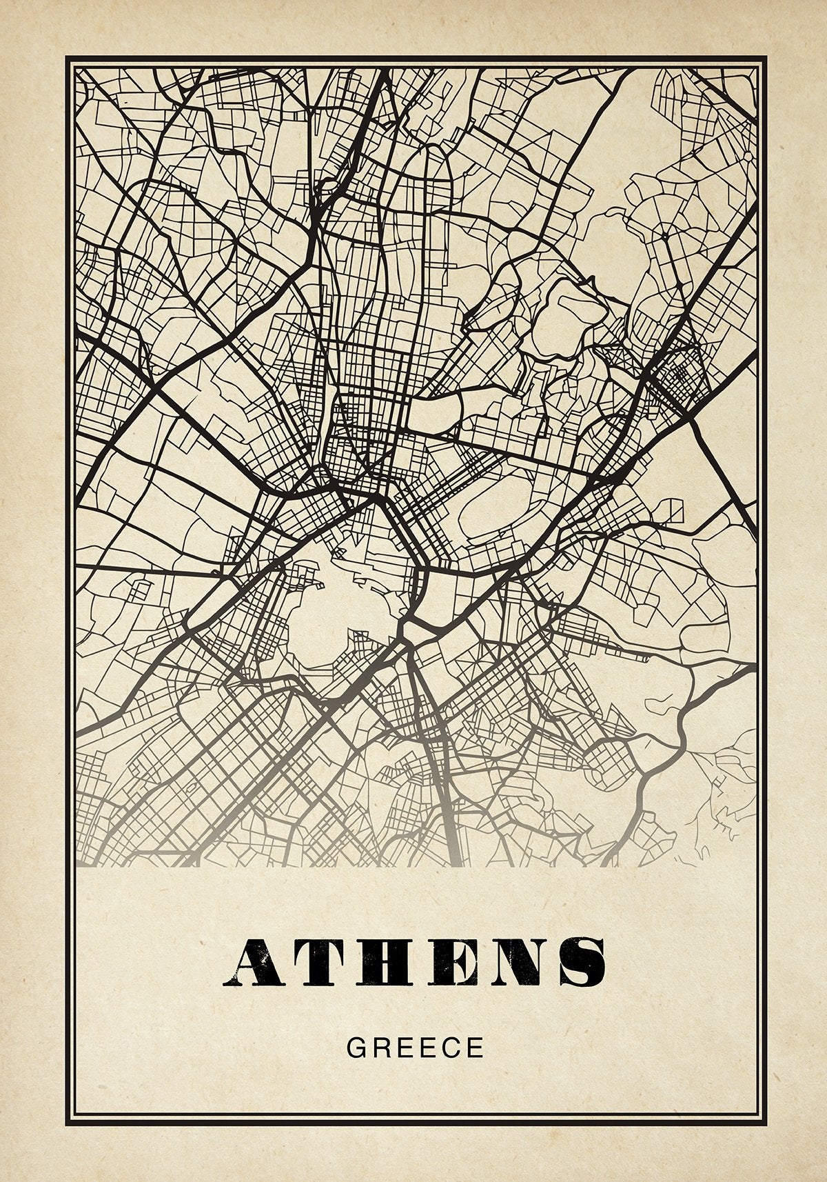 Athens City Map Sepia Poster
