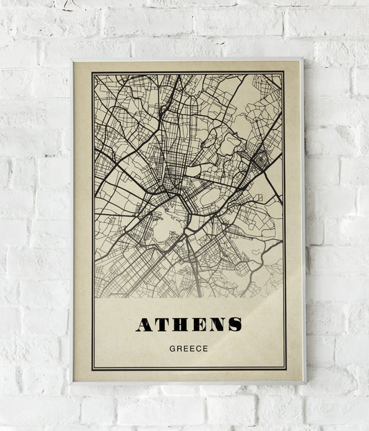 Athens City Map Sepia Poster