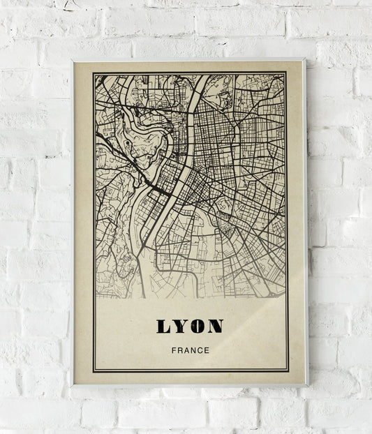 Lyon City Map Sepia Poster