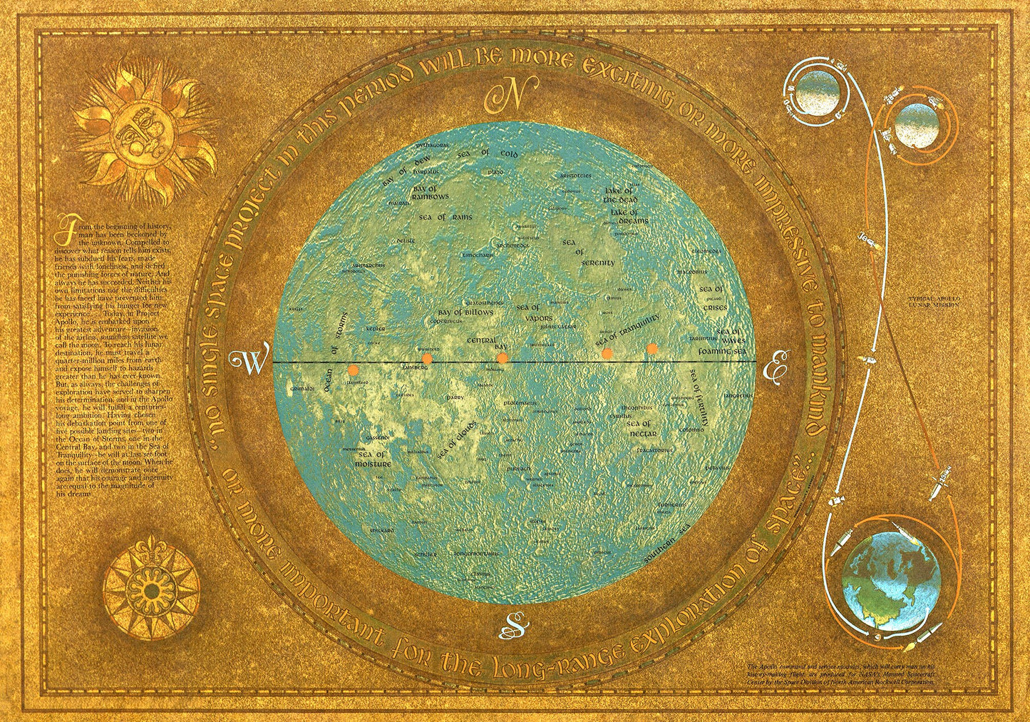 Golden Map with Moon Flight Path Chart