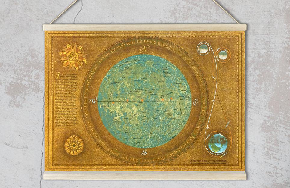 Golden Map with Moon Flight Path Chart