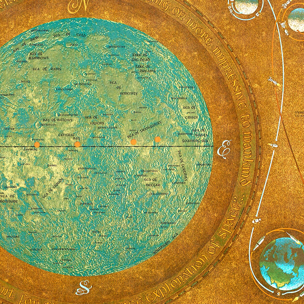 Golden Map with Moon Flight Path Chart