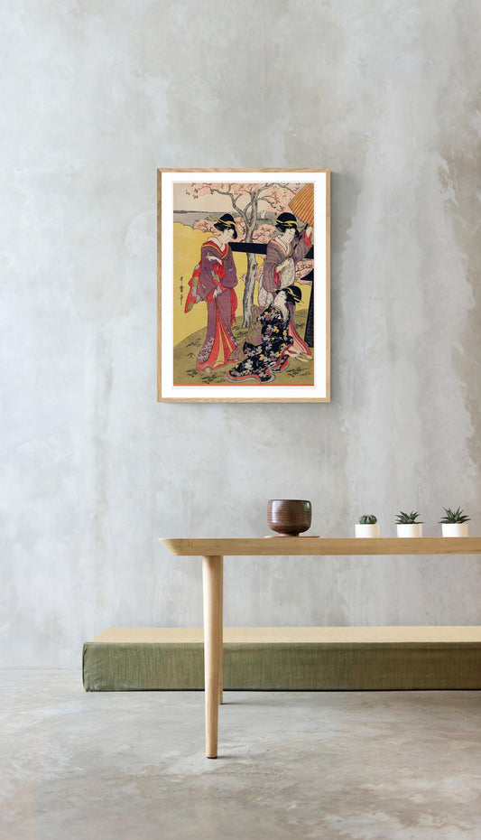 3 Geishas at Cherry Blossom Garden by Utamaro Kitagawa Poster