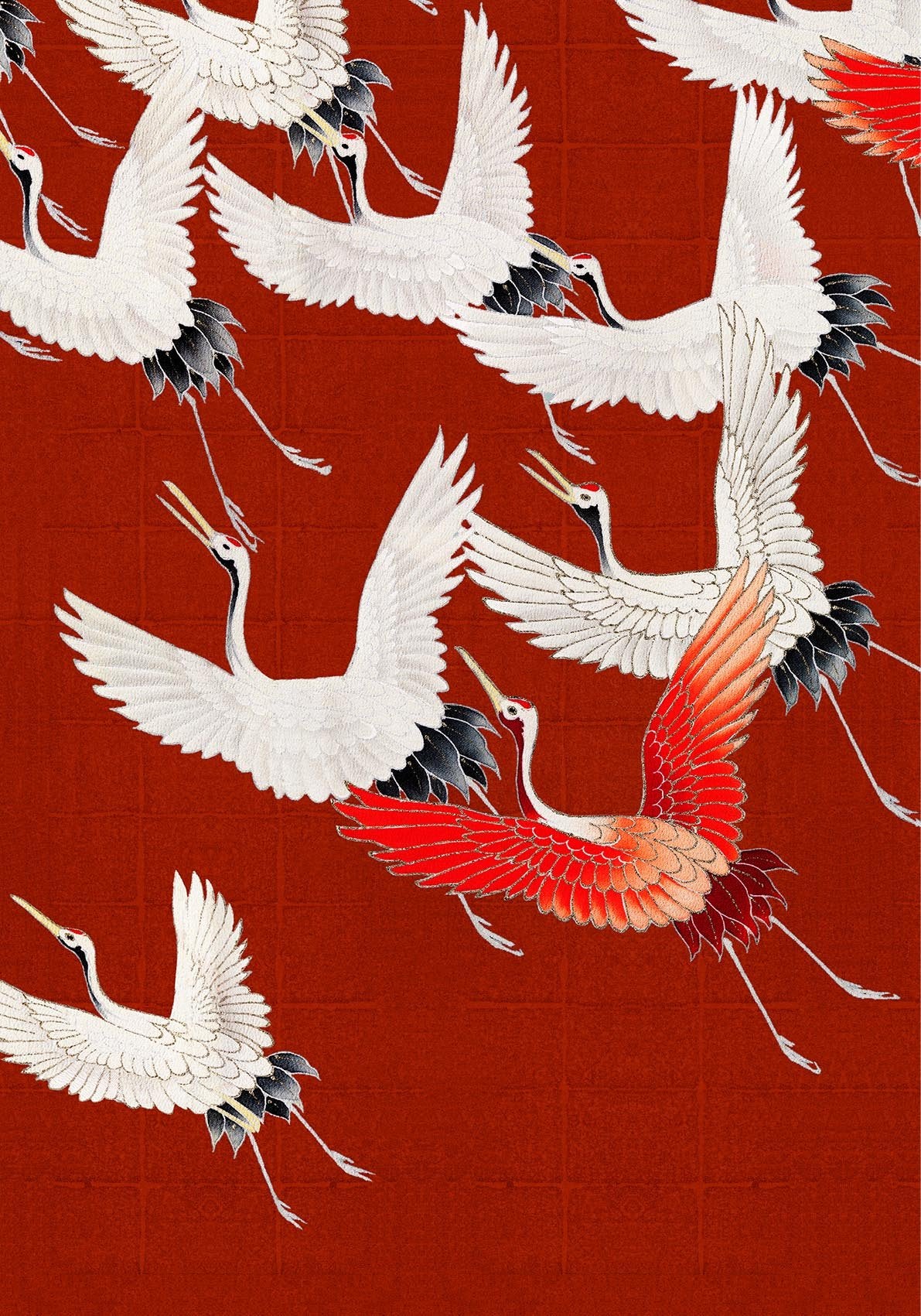 White Cranes in Red Japanese Art Poster